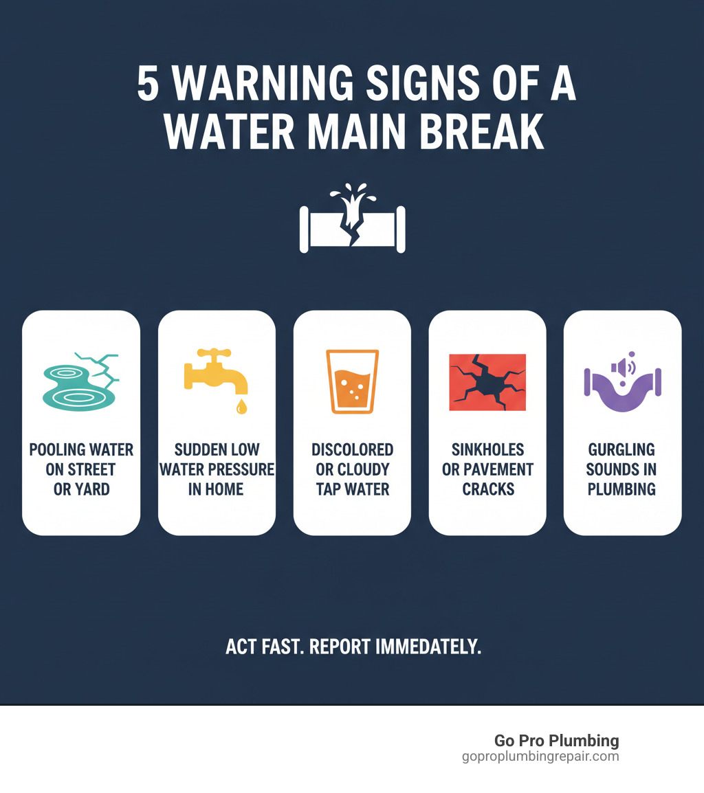 infographic showing 5 warning signs of water main break: pooling water on street or yard, sudden low water pressure in home, discolored or cloudy tap water, sinkholes or pavement cracks, and gurgling sounds in plumbing - water main break repair infographic 