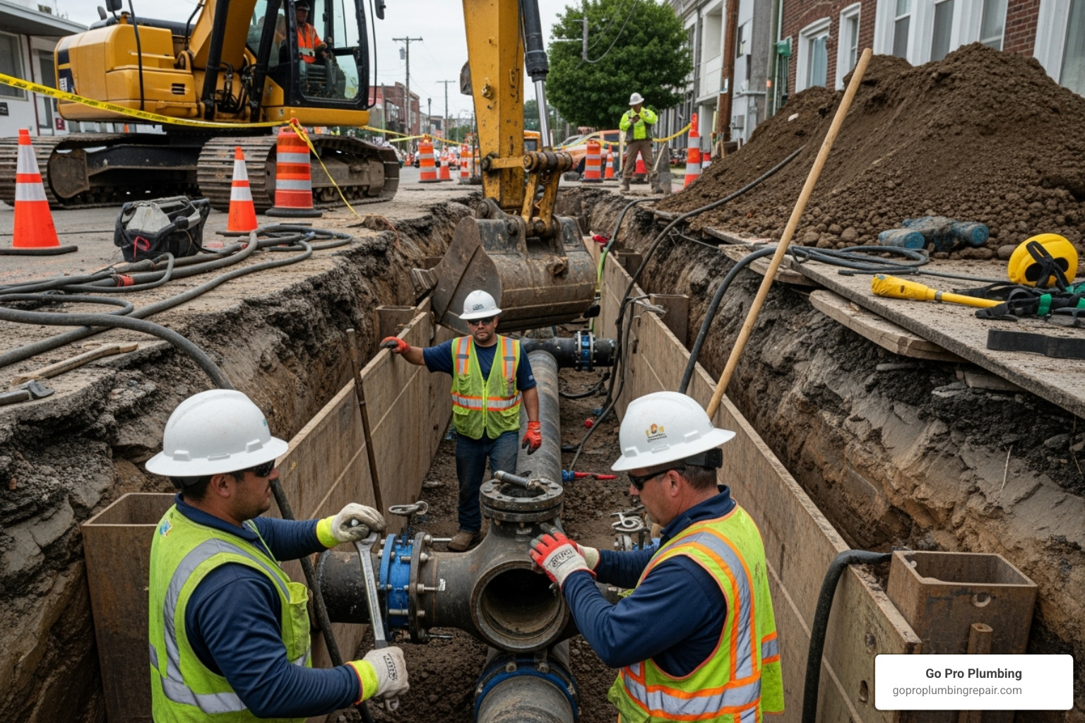 utility crew working in an excavated trench to repair a pipe - water main break repair