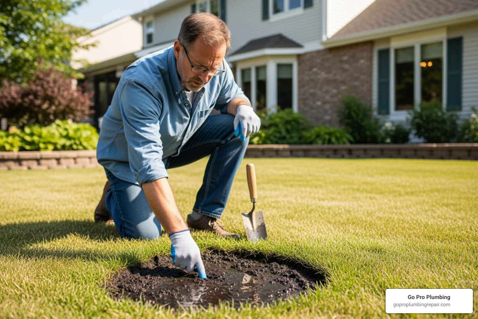 homeowner looking at a muddy patch in their yard during dry weather - water main break repair