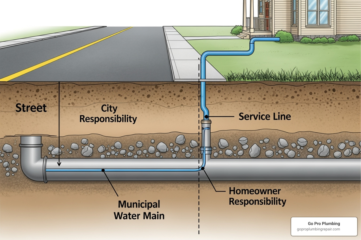 diagram showing the difference between the city's water main and the homeowner's service line - water main break repair