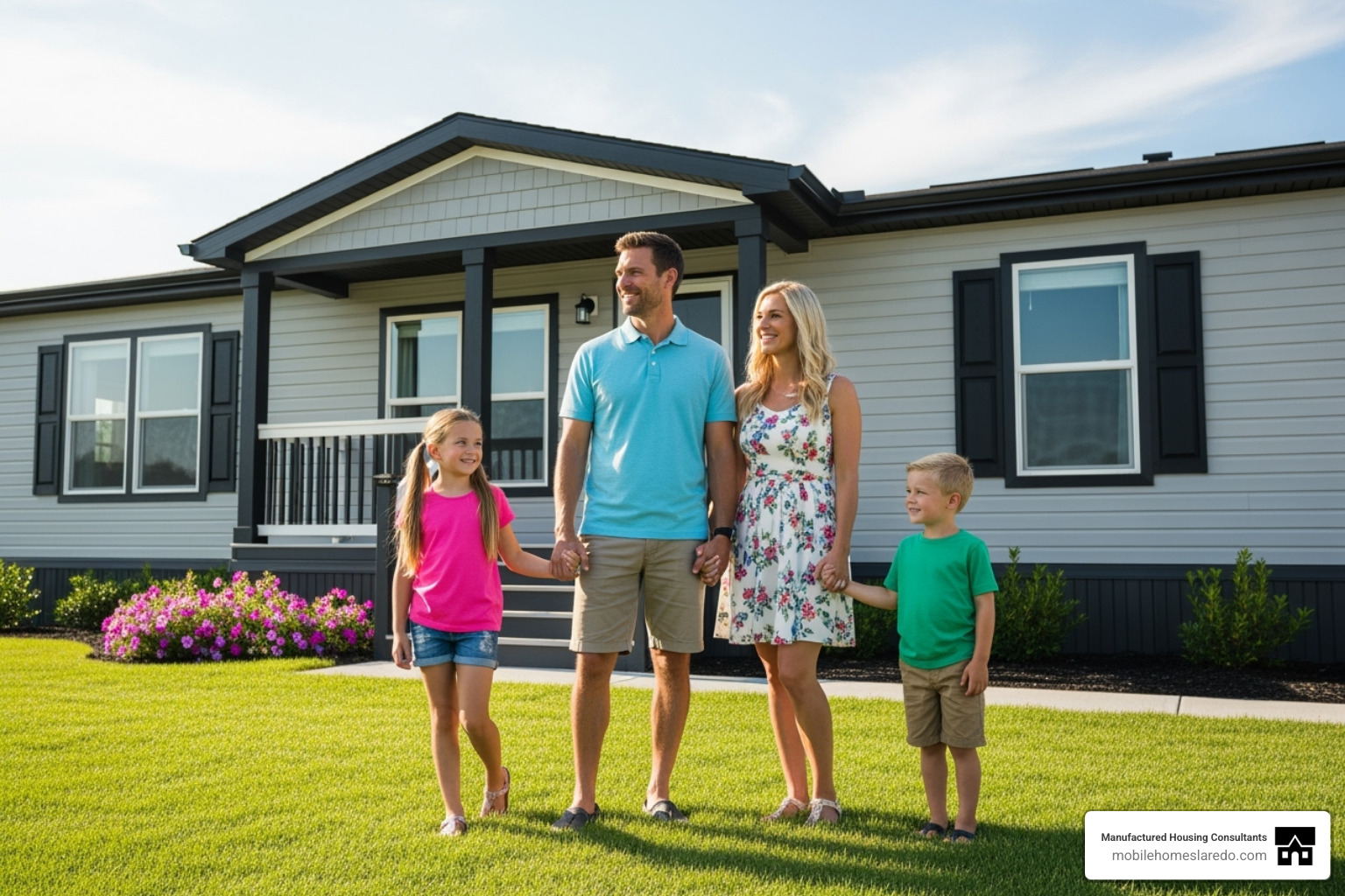 family in front of double wide - New mobile home financing