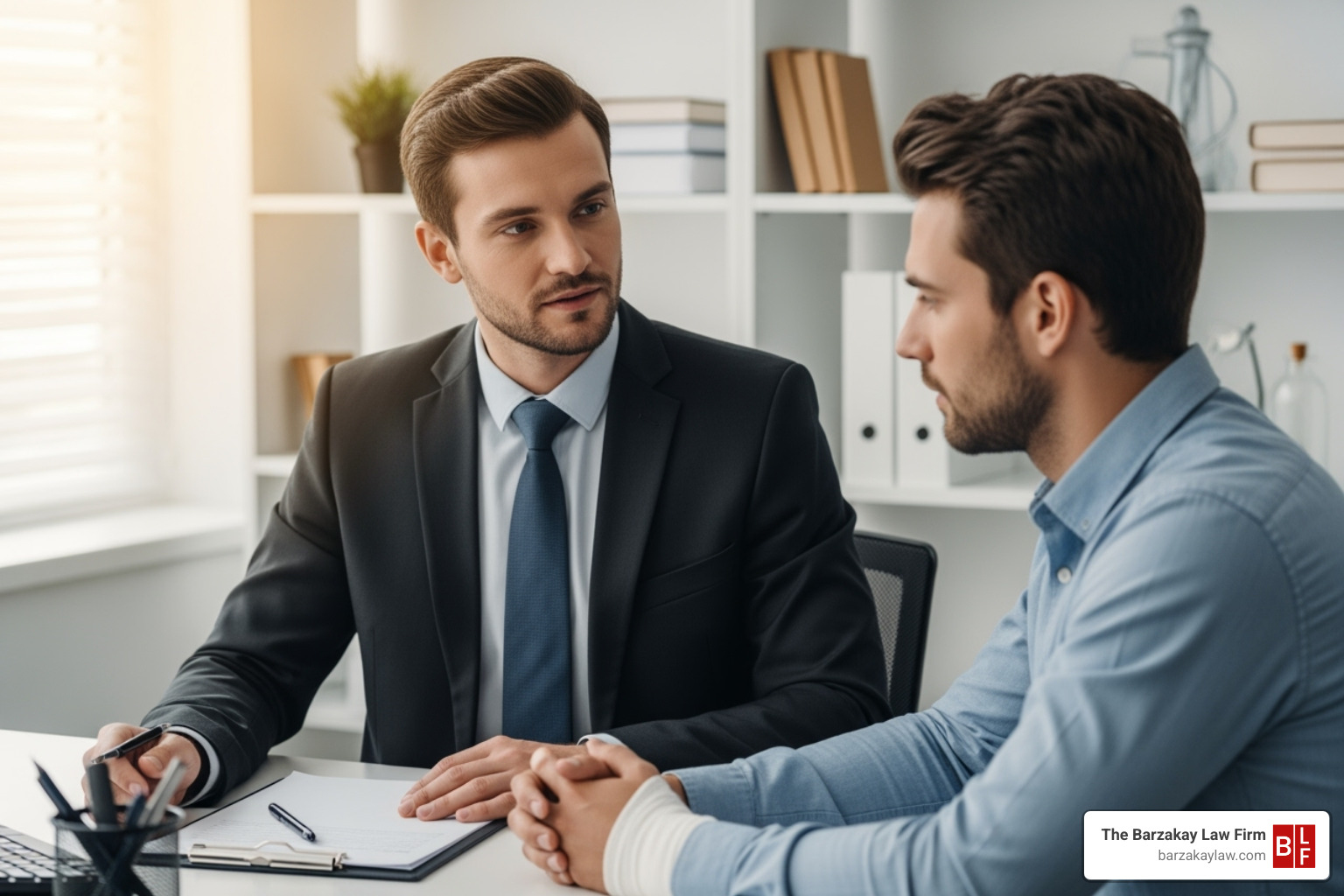 Lawyer compassionately consulting with an injured client - sunrise workers compensation lawyer Lawyer compassionately consulting with an injured client - sunrise workers compensation lawyer