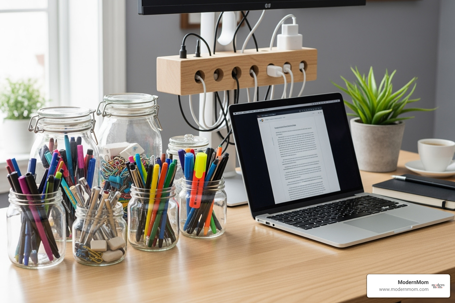 tidy desk area using repurposed jars and a DIY cord organizer - diy organization hacks