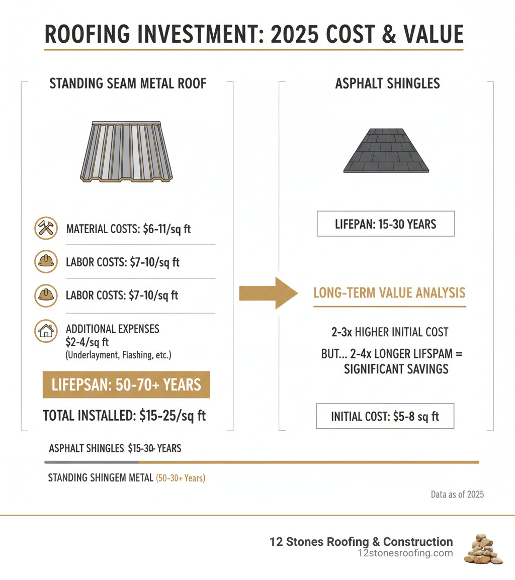 Cost breakdown infographic showing material costs, labor costs, and additional expenses for standing seam metal roofs, with comparison to asphalt shingle lifespan and long-term value analysis - standing seam roof cost infographic 