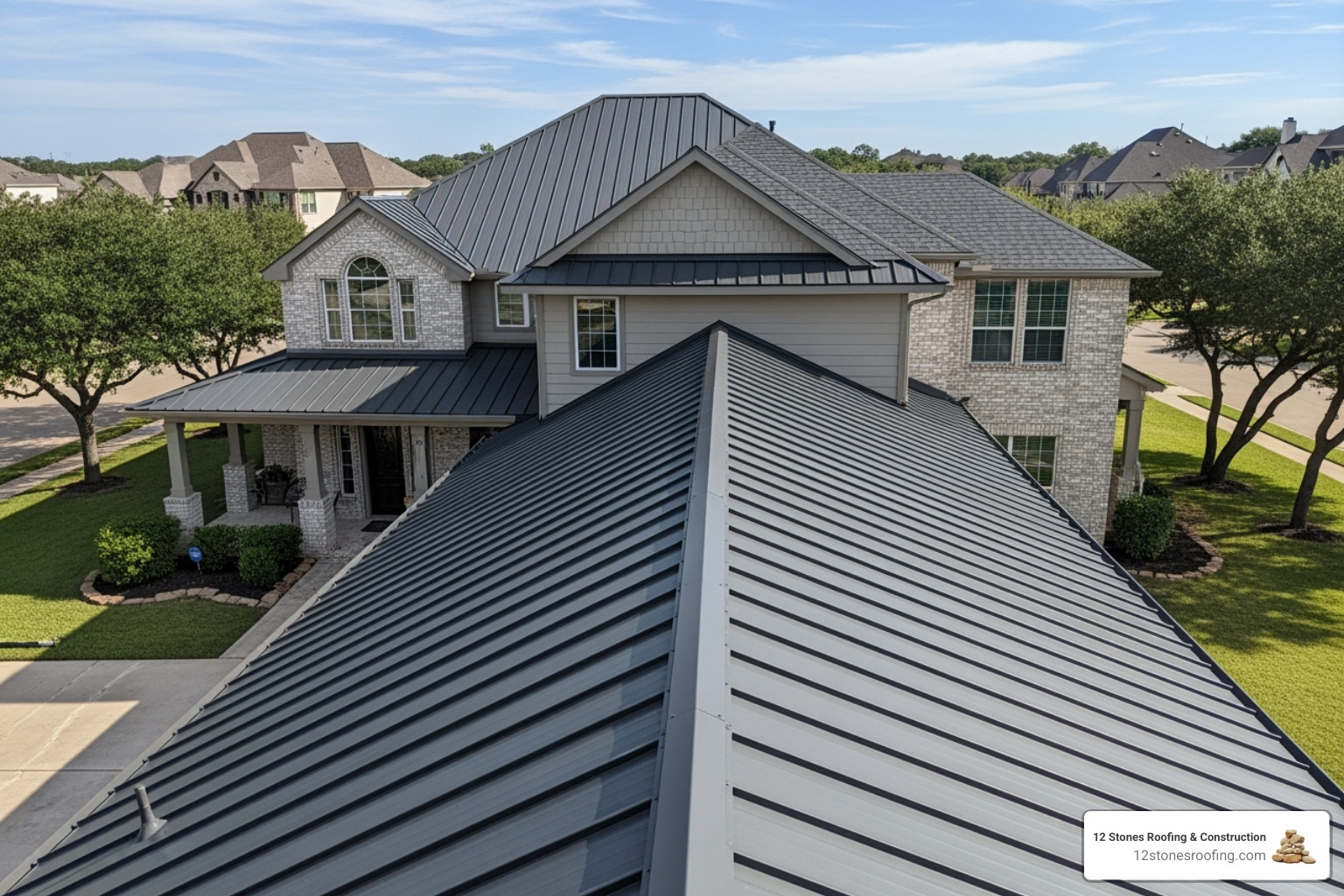 finished standing seam roof in a Texas neighborhood - standing seam roof cost
