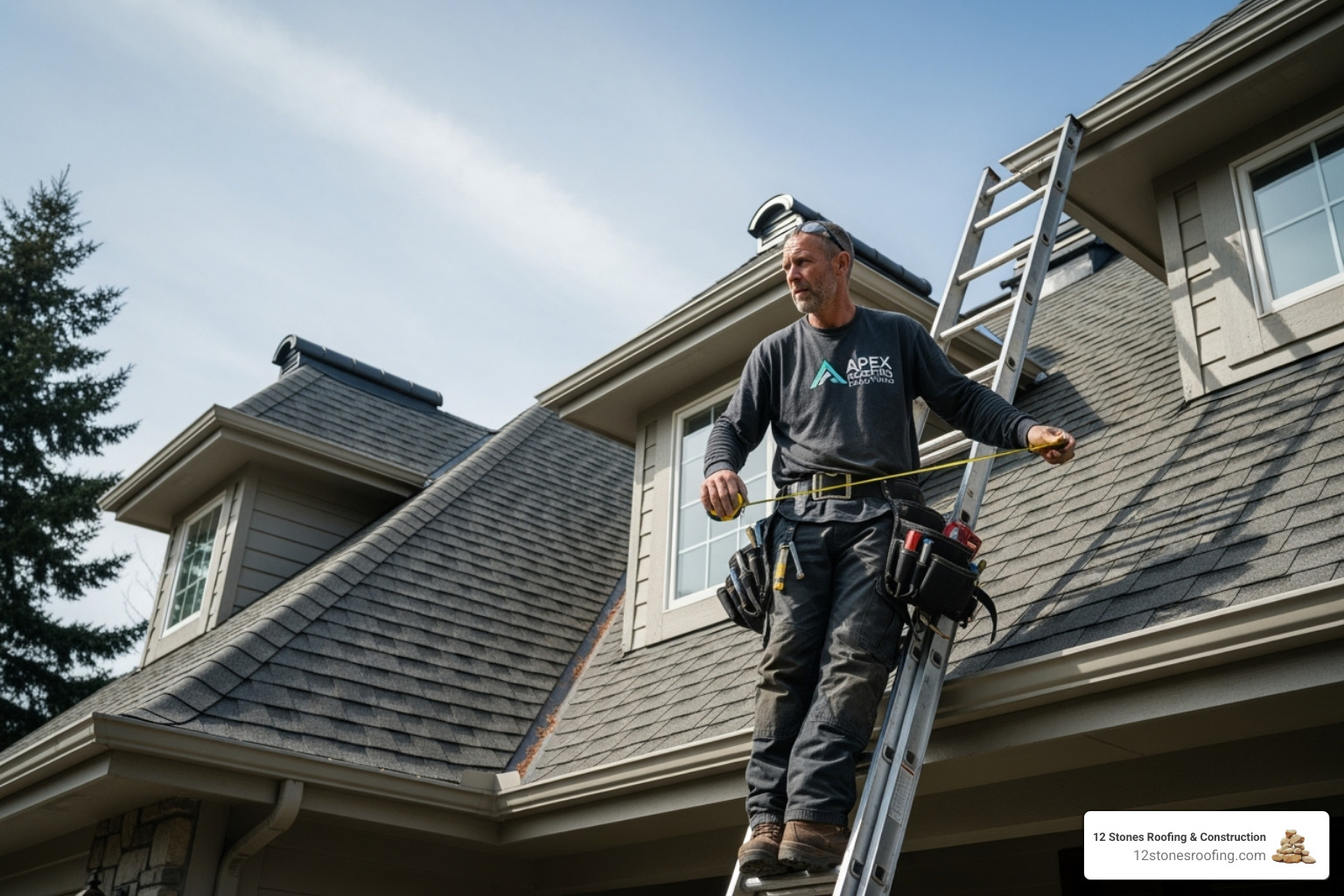 roofing contractor measuring a complex roof with valleys and dormers - standing seam roof cost