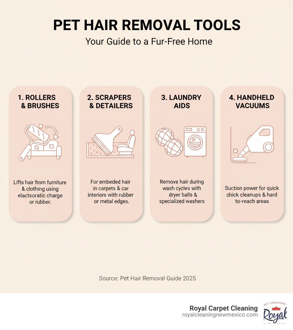 Infographic showing four categories of pet hair removal tools: 1) Rollers and Brushes - use electrostatic charge or rubber to lift hair from furniture and clothing, 2) Scrapers and Detailers - designed for embedded hair in carpets and car interiors with rubber or metal edges, 3) Laundry Aids - dryer balls and specialized washers that remove hair during wash cycles, 4) Handheld Vacuums - provide suction power for quick cleanups and hard-to-reach areas - Pet hair removal infographic 