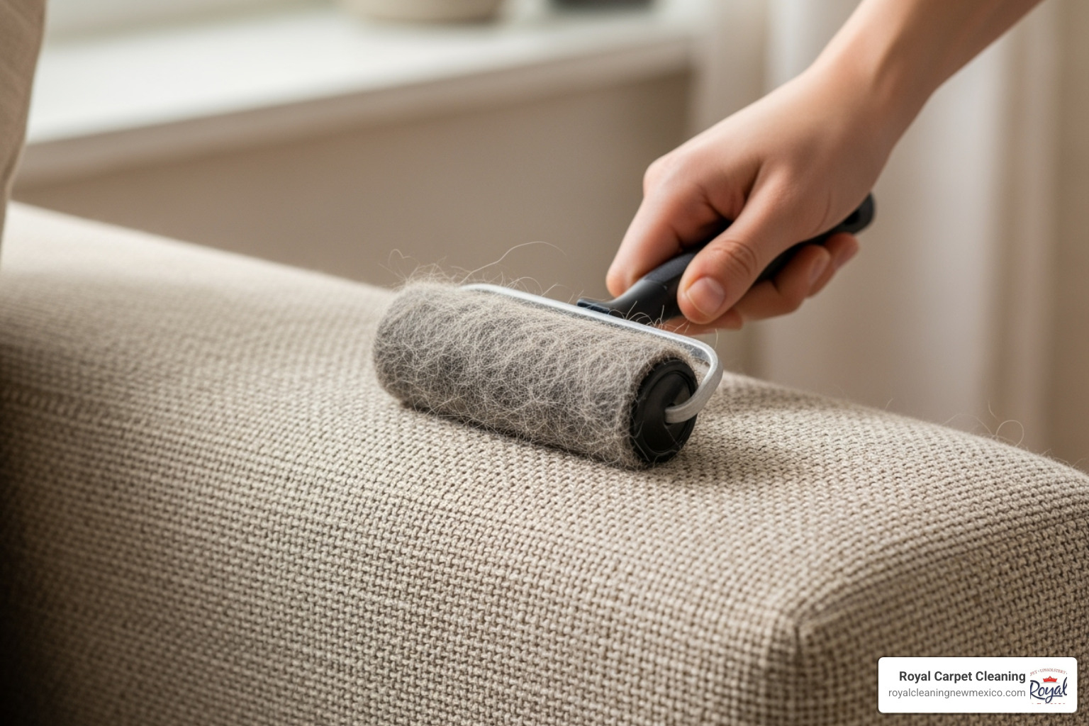 electrostatic roller being used on a couch cushion - Pet hair removal