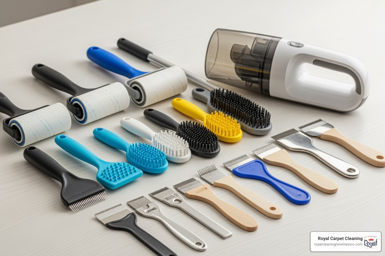 collection of different types of pet hair removal tools - Pet hair removal
