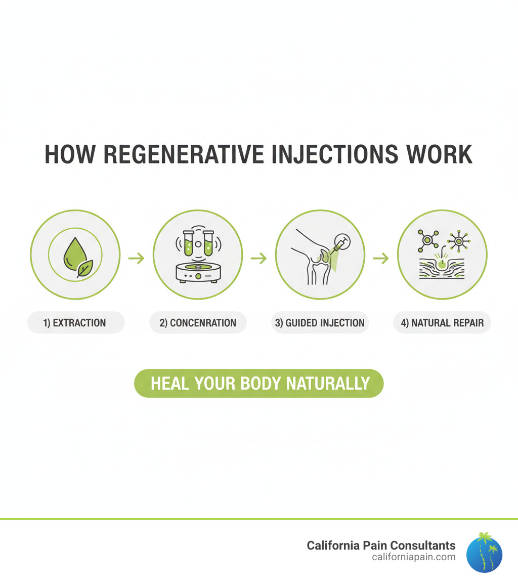 Infographic showing how regenerative injections work: 1) Natural healing substances are extracted from your own blood or tissue, 2) These are concentrated in a lab centrifuge, 3) They're precisely injected into the injured area using ultrasound guidance, 4) Growth factors stimulate your body to repair damaged tissue naturally - regenerative injections infographic 