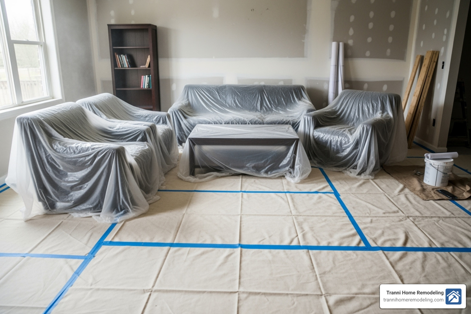 Room prepped for renovation with plastic sheeting and furniture moved - general contractor home additions Room prepped for renovation with plastic sheeting and furniture moved - general contractor home additions
