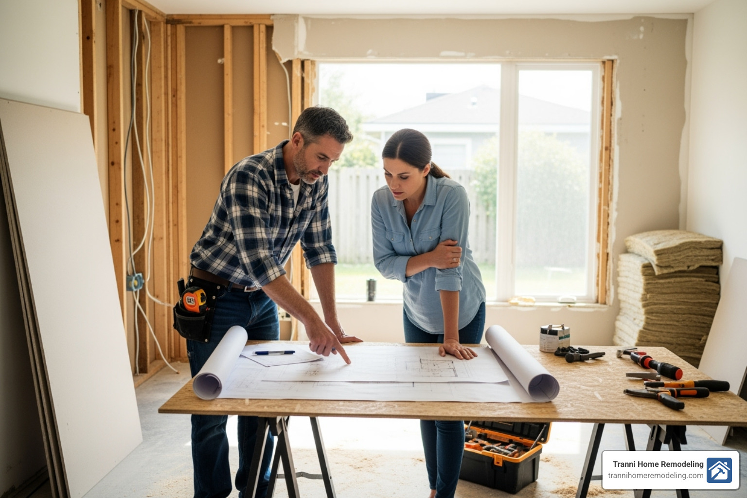 Contractor and homeowner reviewing blueprints together - general contractor home additions Contractor and homeowner reviewing blueprints together - general contractor home additions