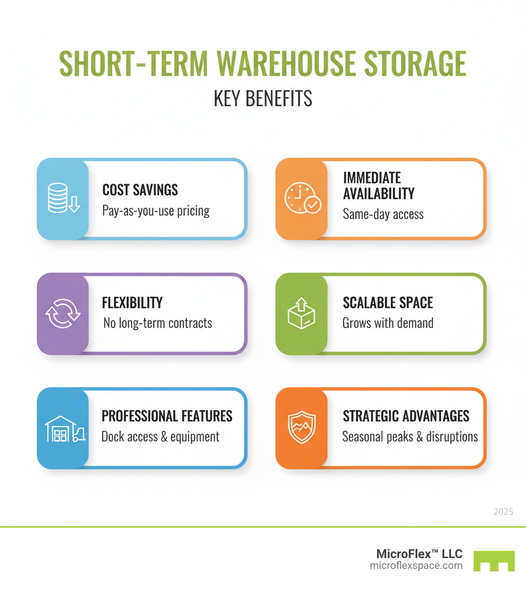 Infographic showing the key benefits of short-term warehouse storage: cost savings through pay-as-you-use pricing, immediate availability with same-day access, flexibility with no long-term contracts, scalable space that grows with demand, professional features including dock access and handling equipment, and strategic advantages for managing seasonal peaks and supply chain disruptions - short term warehouse storage infographic Infographic showing the key benefits of short-term warehouse storage: cost savings through pay-as-you-use pricing, immediate availability with same-day access, flexibility with no long-term contracts, scalable space that grows with demand, professional features including dock access and handling equipment, and strategic advantages for managing seasonal peaks and supply chain disruptions - short term warehouse storage infographic