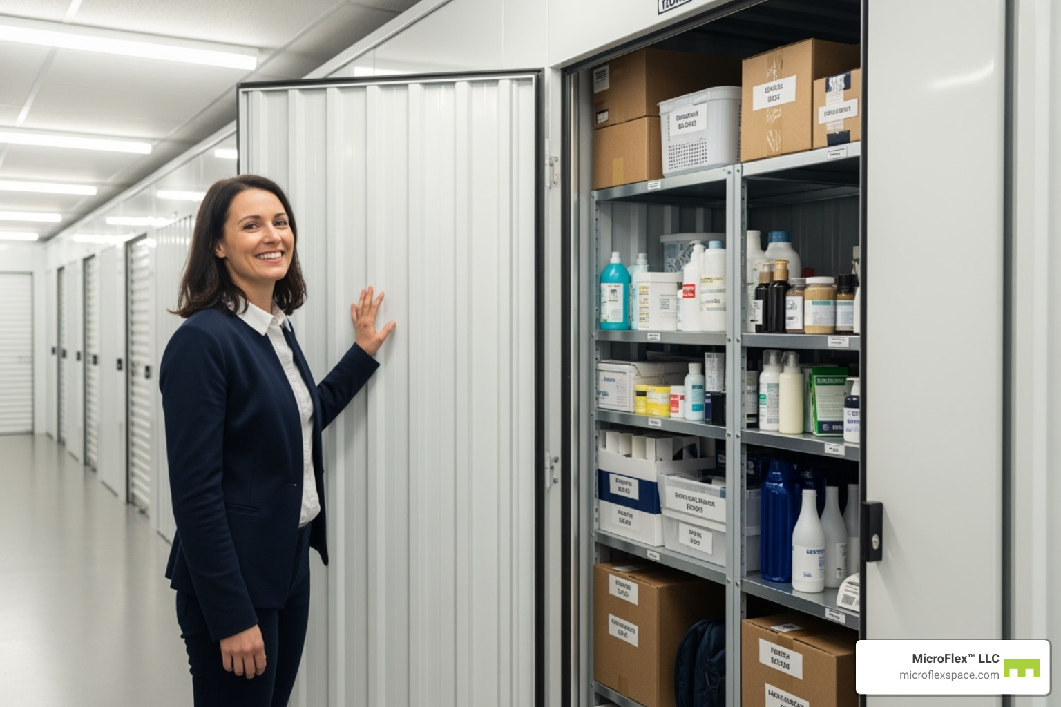 a business owner looking relieved in front of a storage unit - short term warehouse storage a business owner looking relieved in front of a storage unit - short term warehouse storage