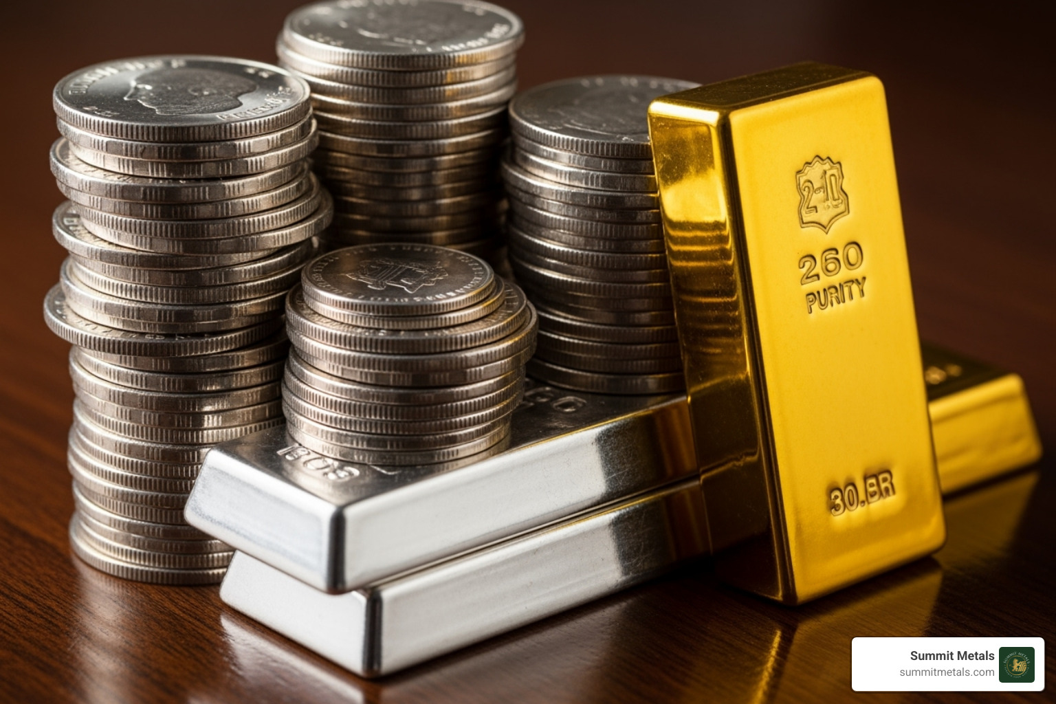 gold-to-silver ratio with stacks of silver next to a gold bar - silver gold silver