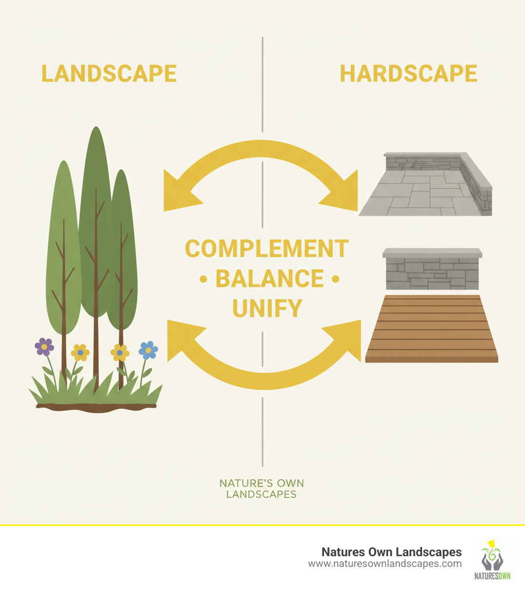 infographic showing landscape elements like trees and flowers on one side and hardscape elements like patios and walls on the other, with arrows showing how they complement each other - what is the difference between landscape and hardscape infographic 