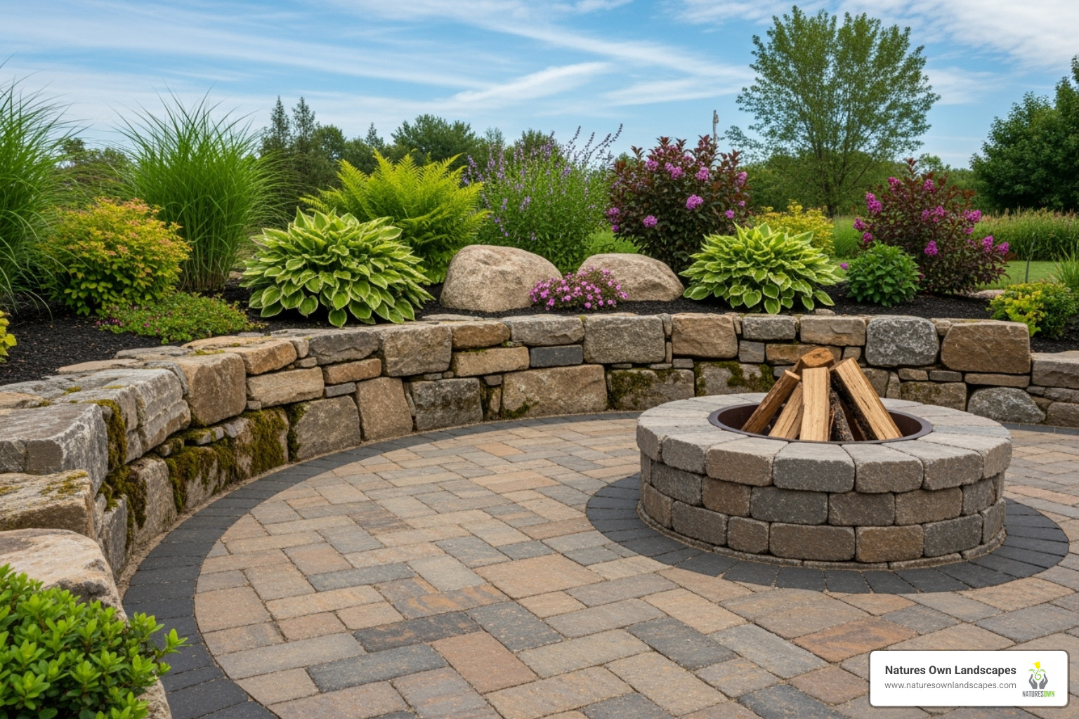 well-constructed paver patio with a retaining wall and built-in fire pit - what is the difference between landscape and hardscape