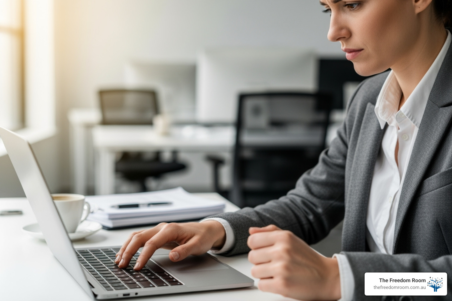 High-achieving worker focused on her laptop, subtly hiding her struggle with physical dependence on alcohol in the workplace.