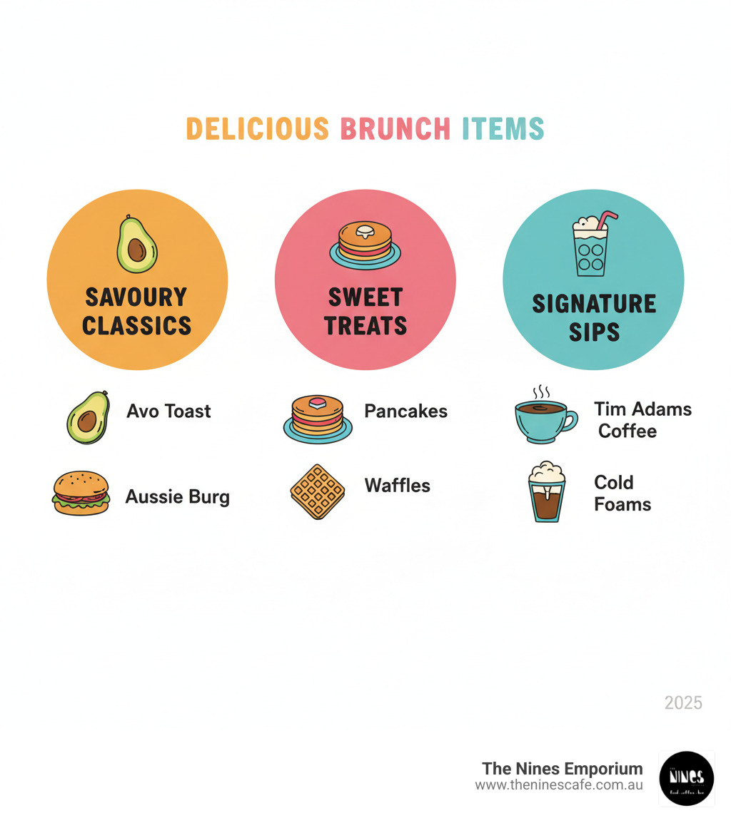 Infographic showing three categories: Savoury Classics featuring Avo Toast and Aussie Burg, Sweet Treats featuring Pancakes and Waffles, and Signature Sips featuring Tim Adams coffee and cold foams - Delicious brunch items infographic Infographic showing three categories: Savoury Classics featuring Avo Toast and Aussie Burg, Sweet Treats featuring Pancakes and Waffles, and Signature Sips featuring Tim Adams coffee and cold foams - Delicious brunch items infographic