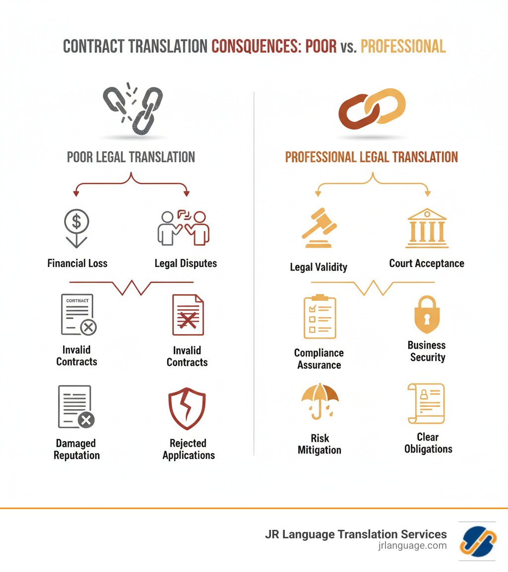 Infographic comparing the consequences of poor legal contract translation (financial loss, legal disputes, invalid contracts, rejected applications, damaged reputation) versus professional translation (legal validity, court acceptance, business security, compliance assurance, risk mitigation, clear obligations) - legal contract translation company infographic Infographic comparing the consequences of poor legal contract translation (financial loss, legal disputes, invalid contracts, rejected applications, damaged reputation) versus professional translation (legal validity, court acceptance, business security, compliance assurance, risk mitigation, clear obligations) - legal contract translation company infographic