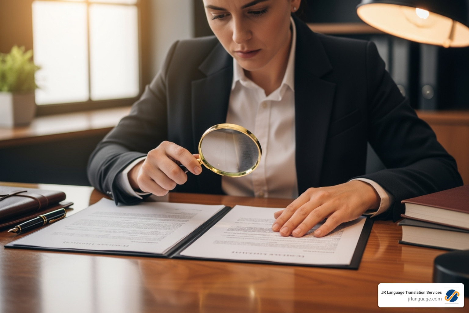 Person comparing two documents with a magnifying glass - legal contract translation company Person comparing two documents with a magnifying glass - legal contract translation company