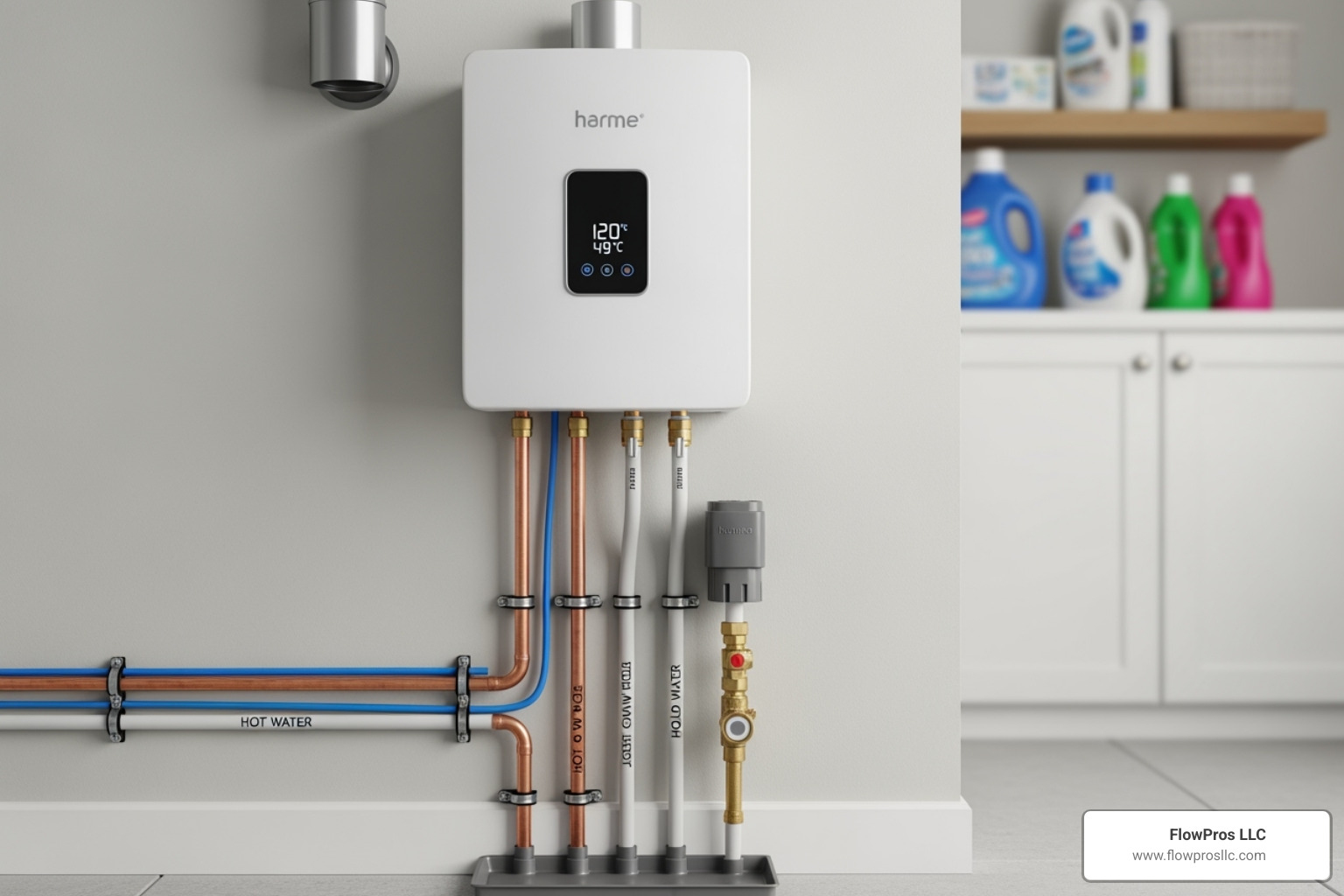 A modern tankless water heater installed neatly on a wall in a utility room - residential plumbing services replacement in longboat key, fl