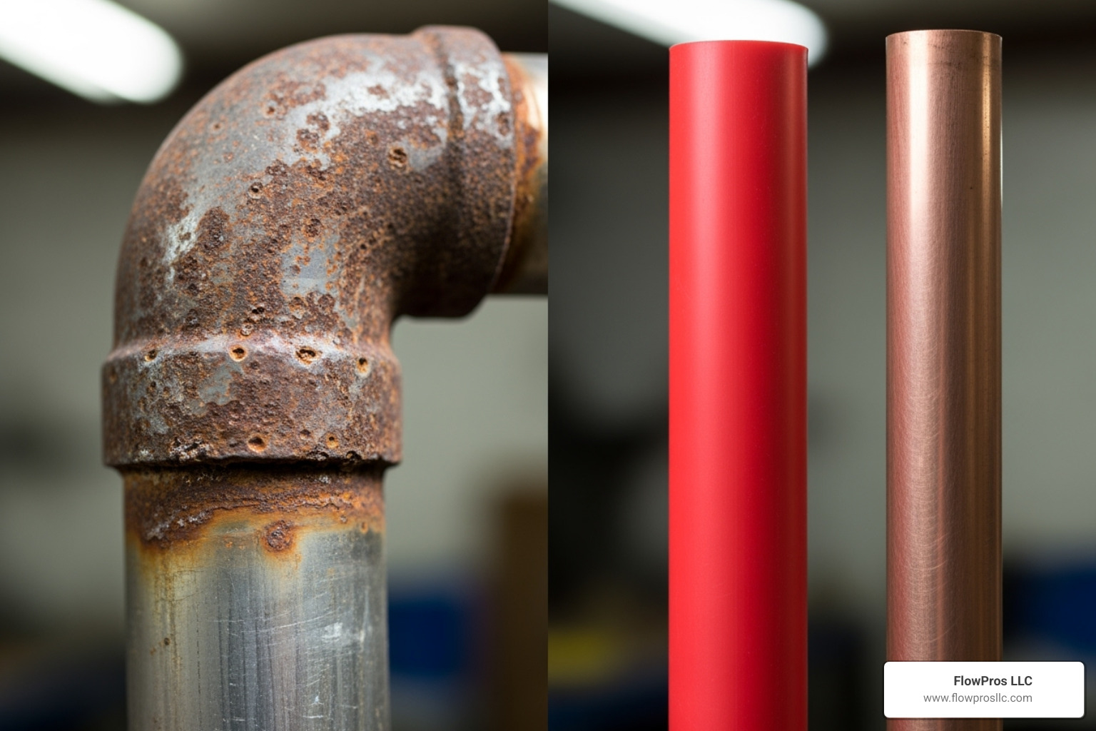 Comparison of old corroded galvanized pipes next to new, clean PEX and copper pipes - residential plumbing services replacement in longboat key, fl