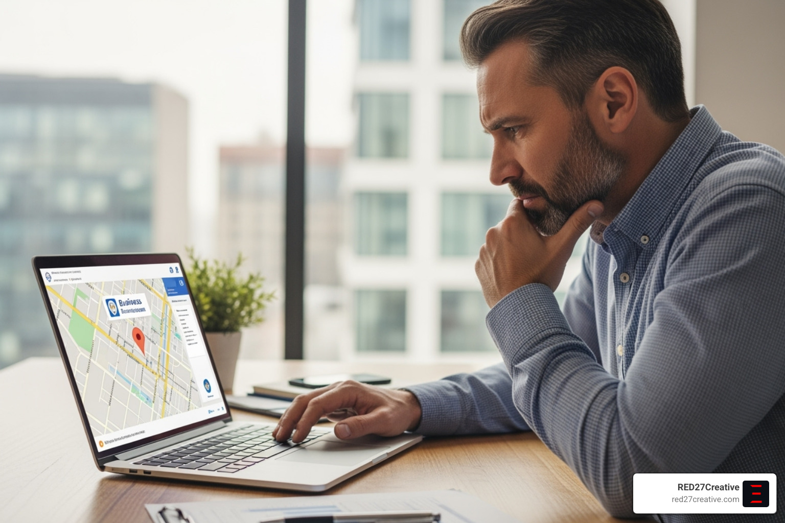 A business owner looking concerned at a laptop showing Google Maps - Fix Google listing A business owner looking concerned at a laptop showing Google Maps - Fix Google listing