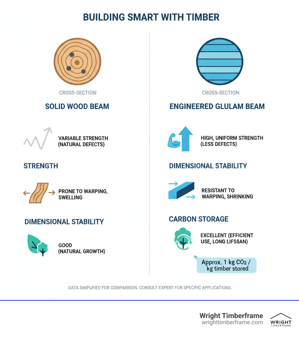 Infographic comparing traditional solid wood beam versus engineered glulam beam, showing cross-sections, strength characteristics, dimensional stability, and carbon storage capacity - Engineered timber structures infographic Infographic comparing traditional solid wood beam versus engineered glulam beam, showing cross-sections, strength characteristics, dimensional stability, and carbon storage capacity - Engineered timber structures infographic