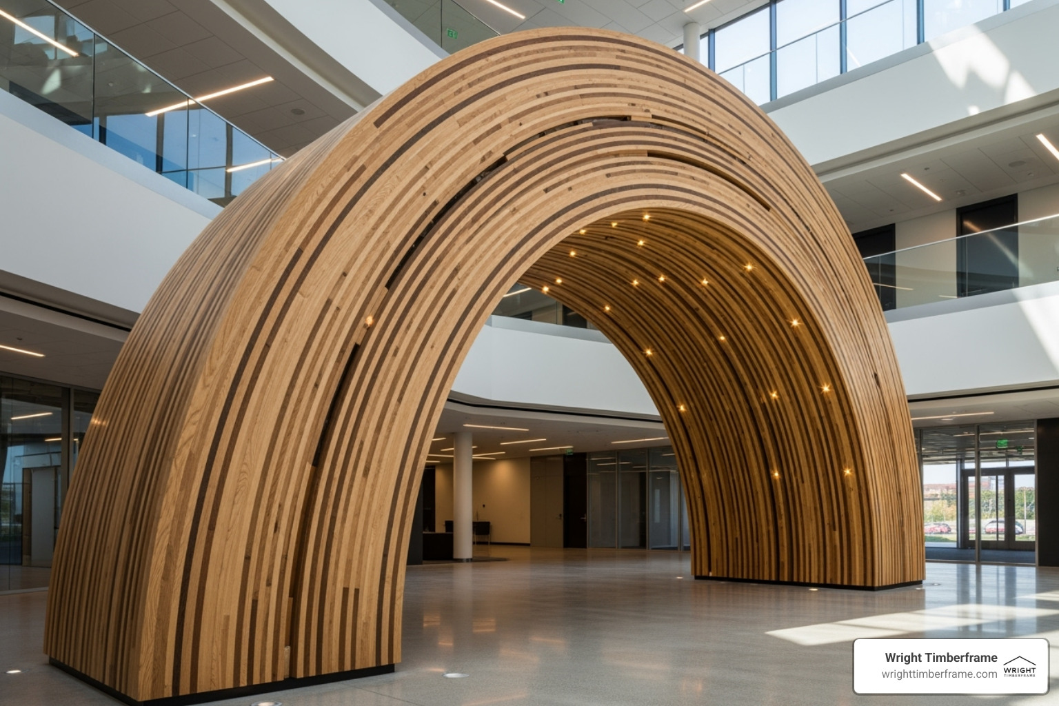 Complex, curved glulam archway in a commercial building - Engineered timber structures Complex, curved glulam archway in a commercial building - Engineered timber structures