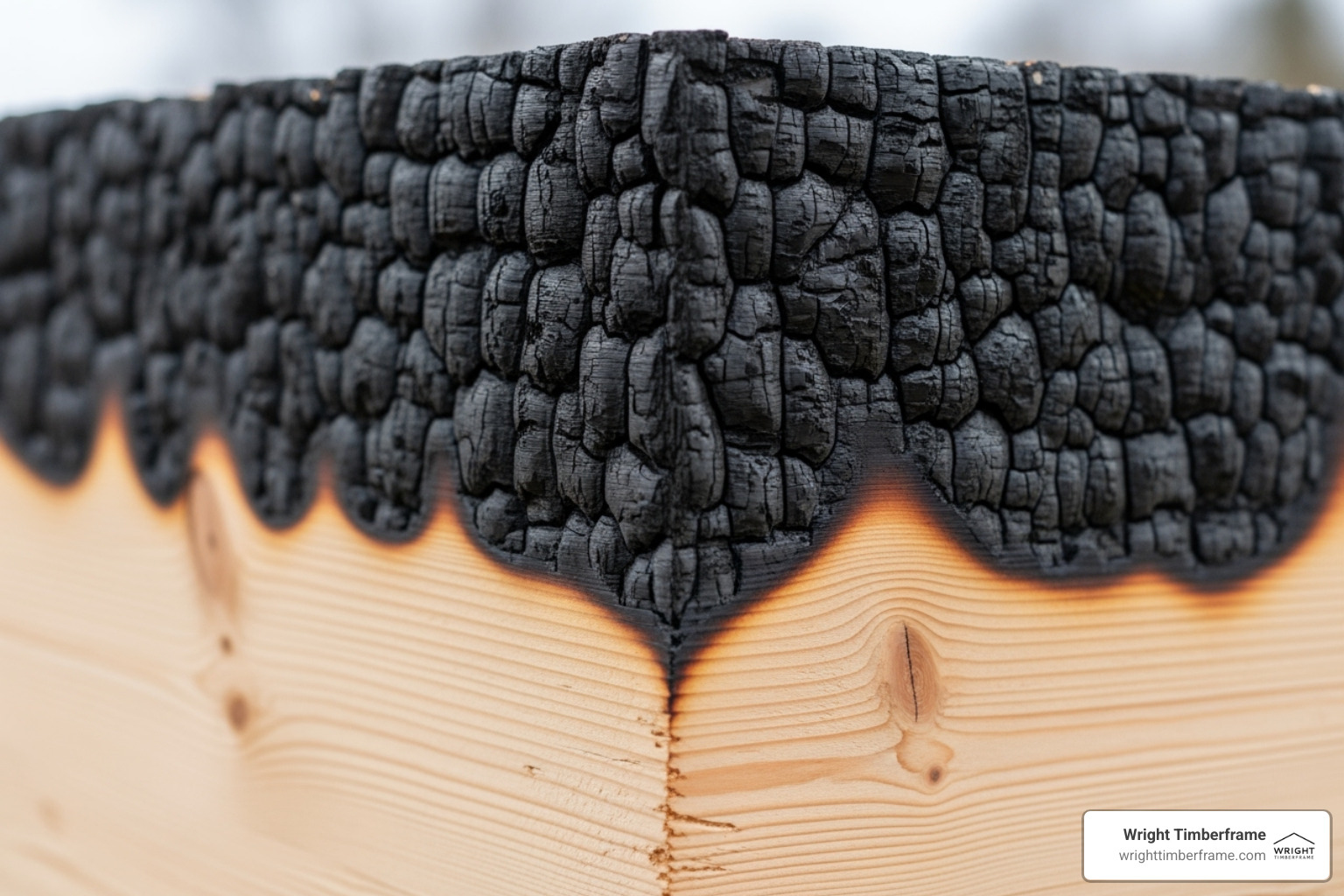 Fire-tested mass timber panel showing the protective char layer - Engineered timber structures Fire-tested mass timber panel showing the protective char layer - Engineered timber structures