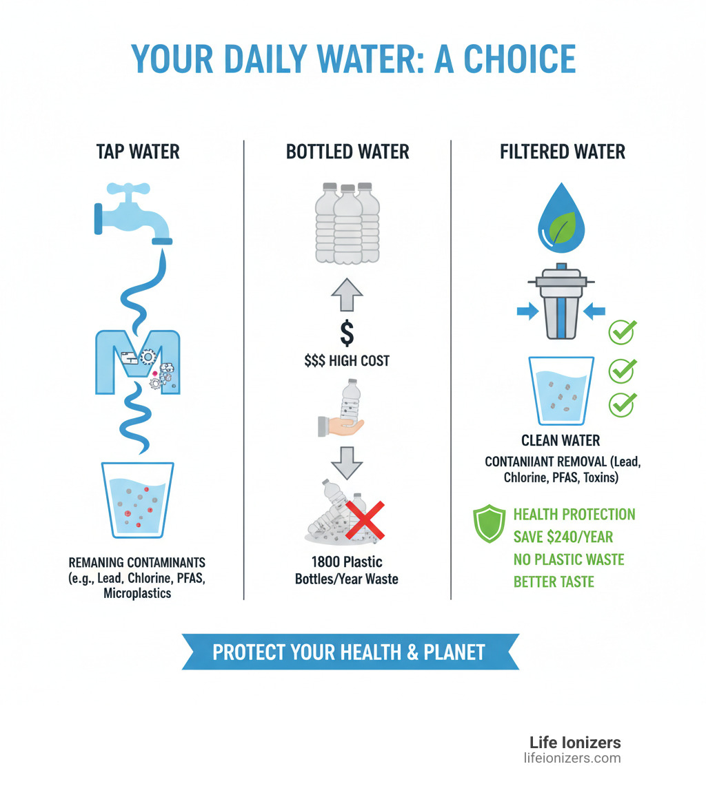 infographic showing tap water journey through municipal treatment with remaining contaminants, bottled water path with plastic waste and cost, and filtered water path with contaminant removal and benefits including health protection, cost savings of $240 per year, elimination of 1800 plastic bottles annually, and removal of lead, chlorine, PFAS and other toxins - drinking filtered water infographic 