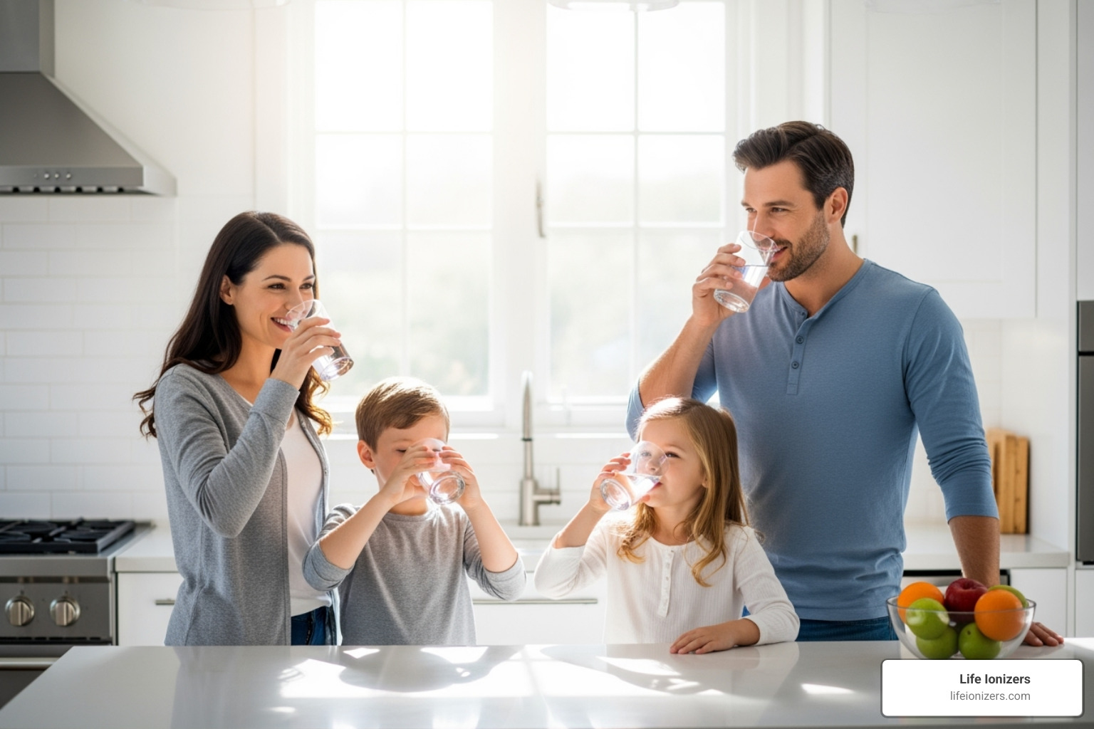 happy family drinking filtered water - drinking filtered water