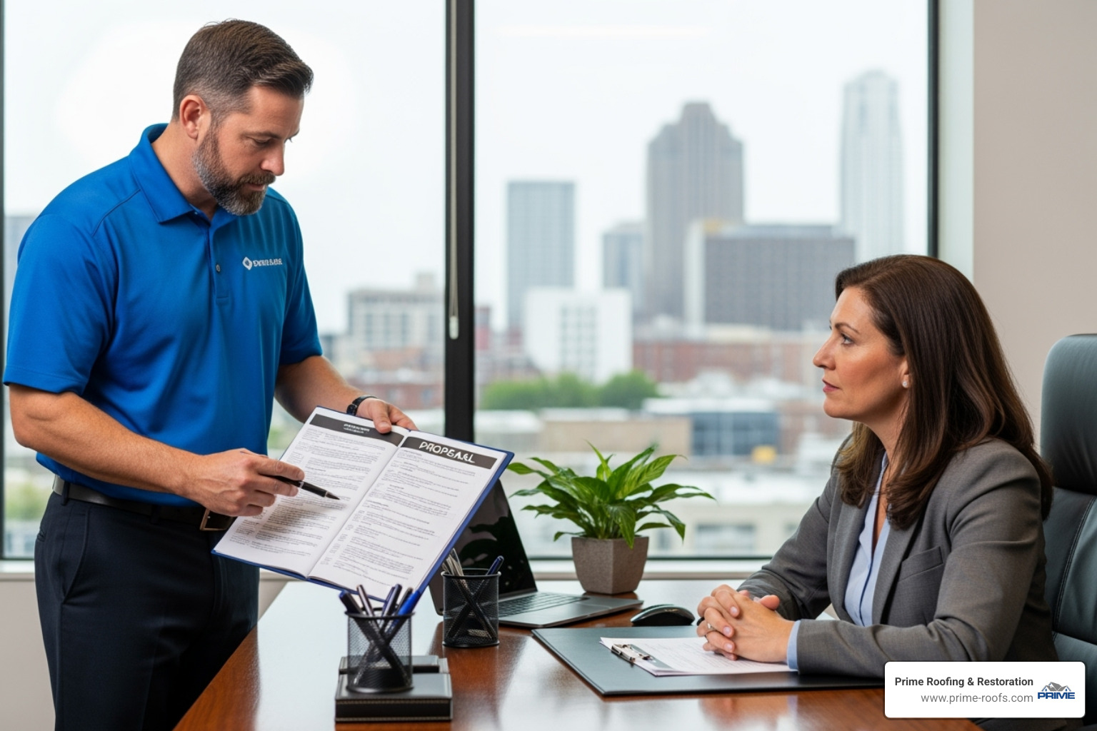 a professional roofer in uniform presenting a detailed proposal to a property manager in an office setting - multi family roof replacement company