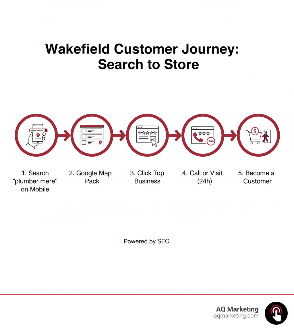 Infographic showing the customer journey from Google search to store visit: 1) Customer searches "plumber near me" on mobile phone in Wakefield, 2) Google shows local map pack with top 3 businesses, 3) Customer clicks on business with good reviews and clear information, 4) Customer calls or visits business within 24 hours, 5) Business converts visitor into paying customer - Wakefield SEO consultants infographic Infographic showing the customer journey from Google search to store visit: 1) Customer searches "plumber near me" on mobile phone in Wakefield, 2) Google shows local map pack with top 3 businesses, 3) Customer clicks on business with good reviews and clear information, 4) Customer calls or visits business within 24 hours, 5) Business converts visitor into paying customer - Wakefield SEO consultants infographic
