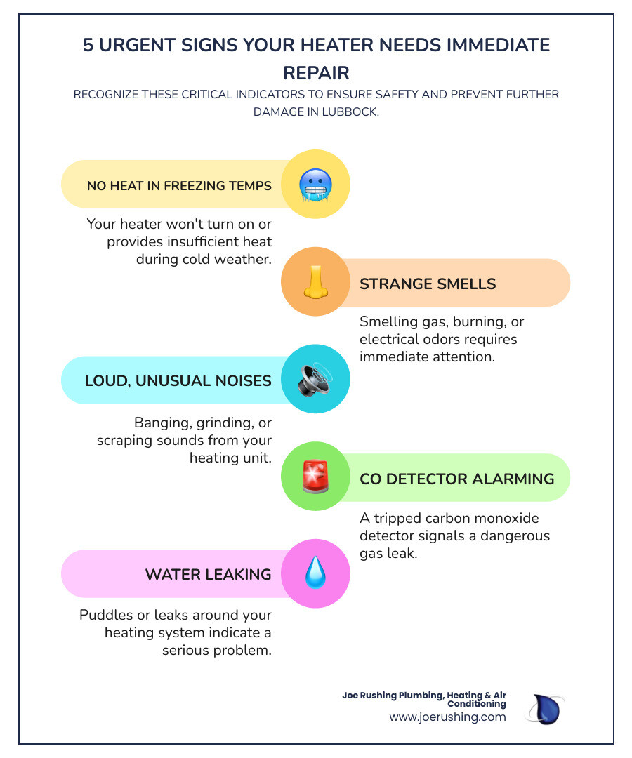 infographic showing five urgent signs your heater needs immediate repair: no heat during freezing weather, strange burning or gas smells, loud unusual noises like banging or grinding, carbon monoxide detector alarming, and water leaking around the heating unit - emergency heating repair in lubbock, tx infographic infographic-line-5-steps-colors