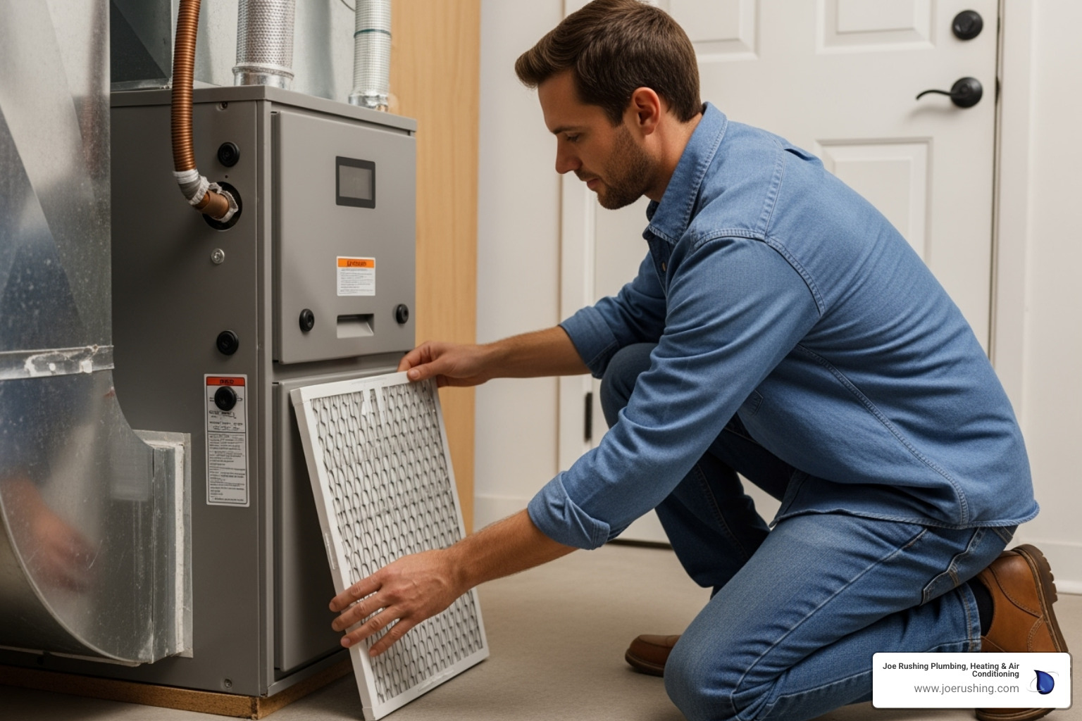 homeowner changing an air filter in a furnace - emergency heating repair in lubbock, tx