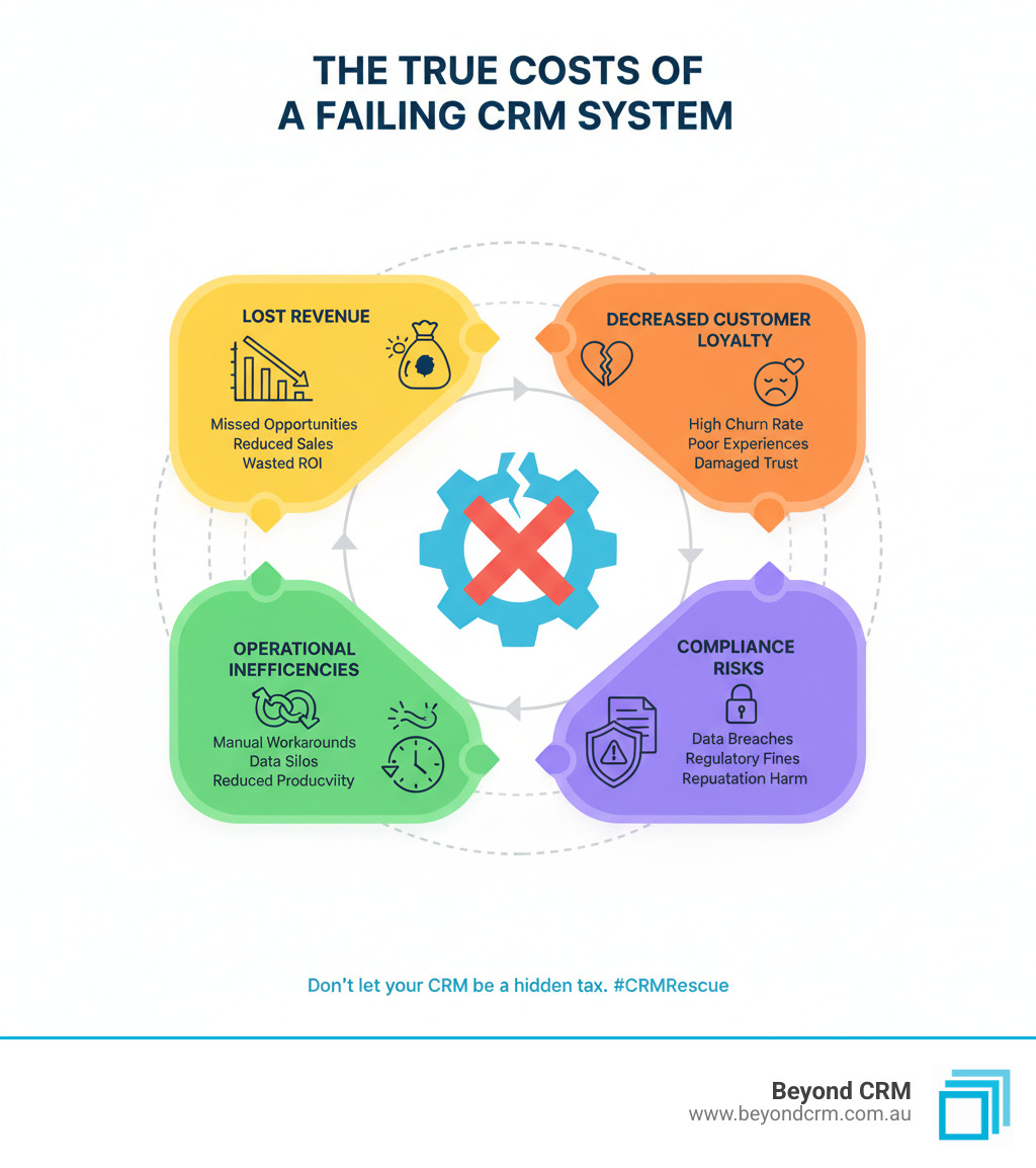 infographic illustrating the true costs of a failing CRM system including lost revenue decreased customer loyalty operational inefficiencies and compliance risks - CRM rescue infographic infographic illustrating the true costs of a failing CRM system including lost revenue decreased customer loyalty operational inefficiencies and compliance risks - CRM rescue infographic