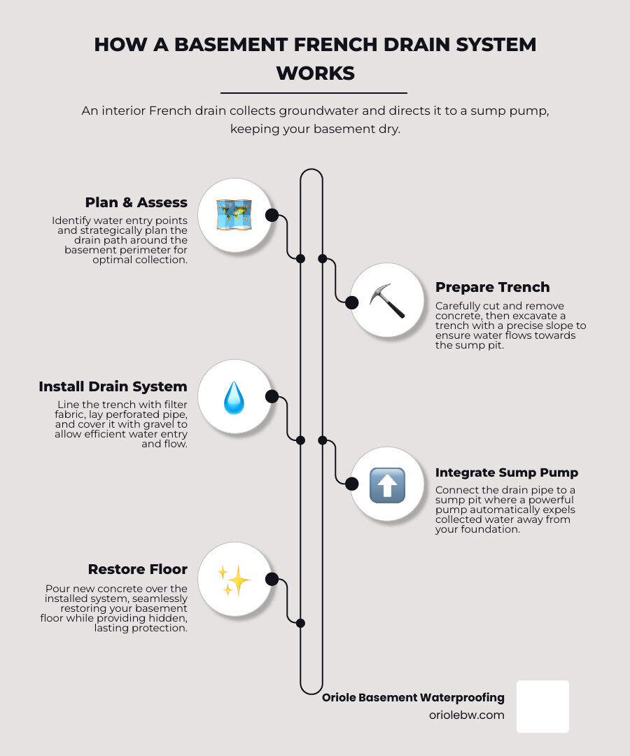 detailed infographic showing cross-section of basement with interior French drain system, perforated pipe in gravel trench along wall, water flowing to sump pump, and arrows indicating water movement away from foundation - installing french drain in basement infographic infographic-line-5-steps-elegant_beige