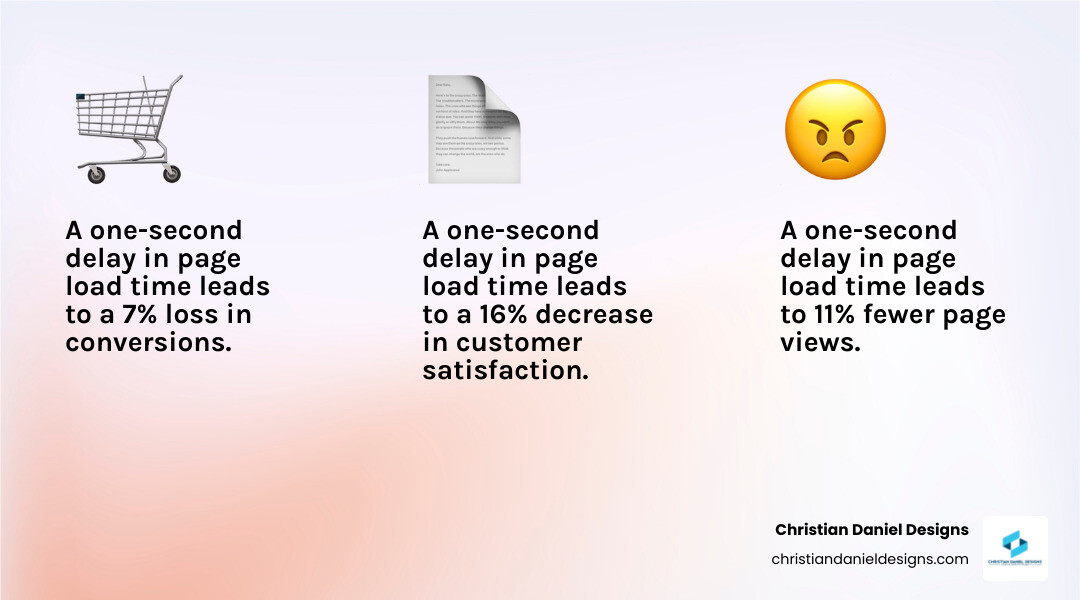Infographic Showing The Impact Of A 1-Second Page Load Delay: 7% Loss In Conversions, 11% Fewer Page Views, 16% Decrease In Customer Satisfaction, With Icons Representing Shopping Carts, Page Views, And Unhappy Customers - Gtmetrix Wordpress Optimization Infographic 3_Facts_Emoji_Light-Gradient Infographic showing the impact of a 1-second page load delay: 7% loss in conversions, 11% fewer page views, 16% decrease in customer satisfaction, with icons representing shopping carts, page views, and unhappy customers - gtmetrix wordpress optimization infographic 3_facts_emoji_light-gradient
