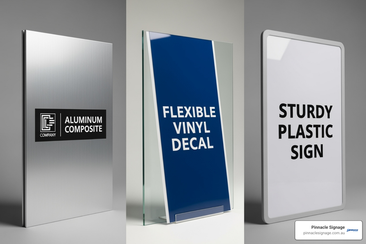 Triple display showing options for signage materials: Aluminum Composite, Vinyl Decal, and Sturdy Plastic for no smoking signs