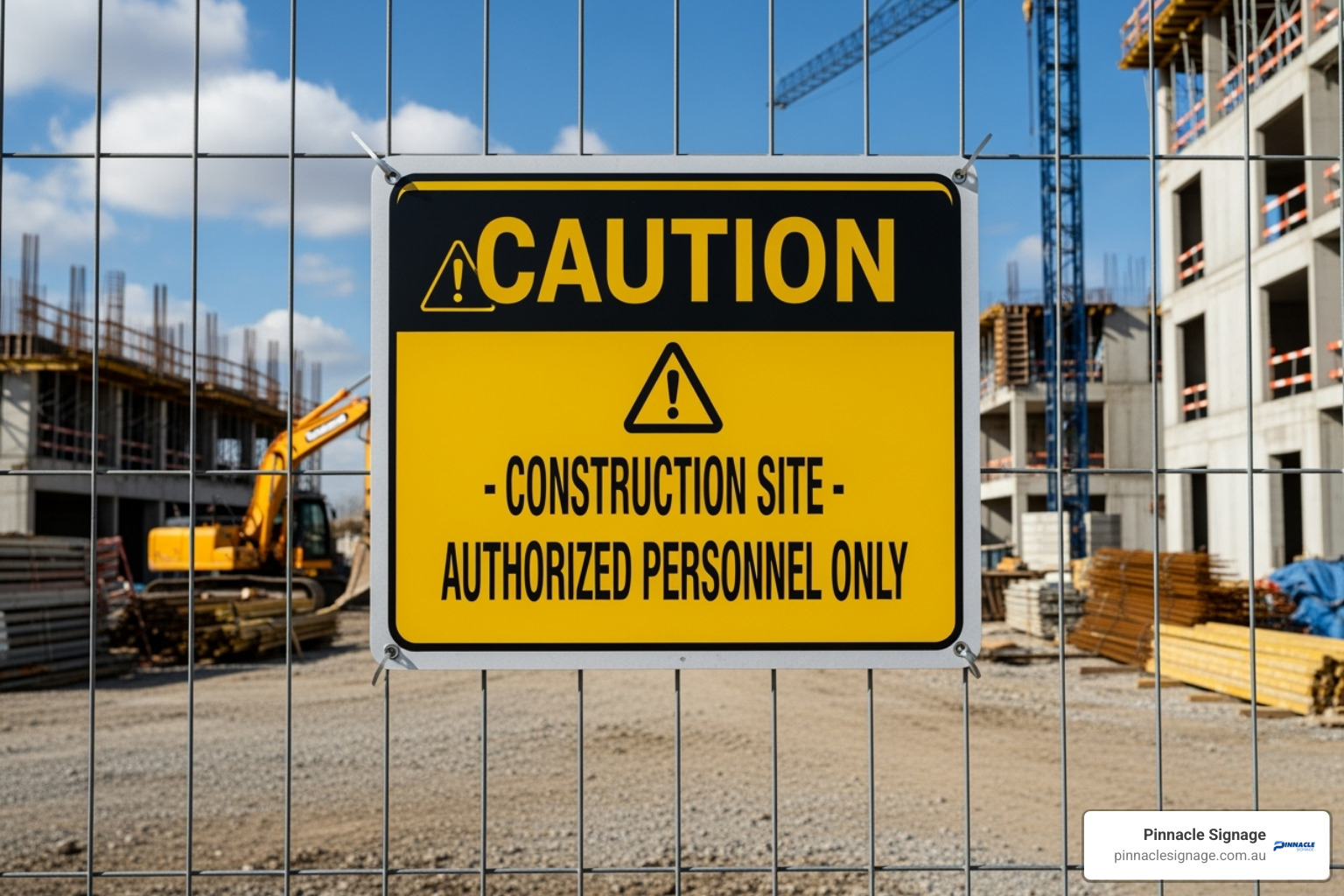 Black and yellow CAUTION sign reading 'Authorized Personnel Only' on a fence, key danger construction site signage Black and yellow CAUTION sign reading 'Authorized Personnel Only' on a fence, key danger construction site signage