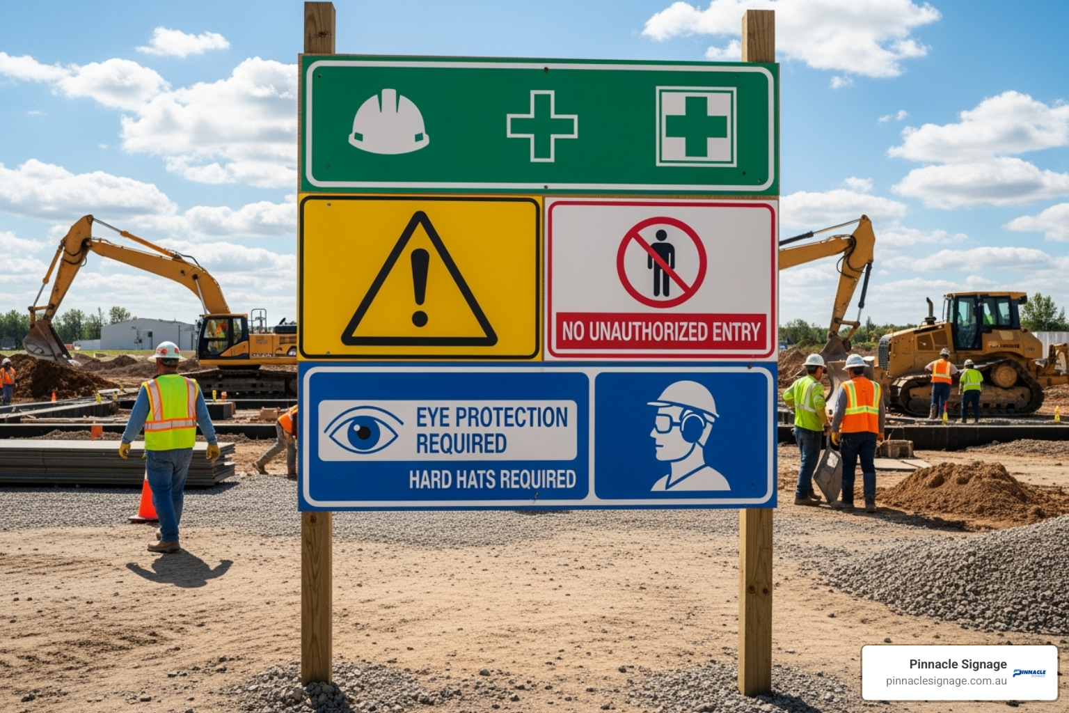 A large multi-message site safety board at a construction site entrance featuring Pinnacle Signage products - danger construction site signage A large multi-message site safety board at a construction site entrance featuring Pinnacle Signage products - danger construction site signage