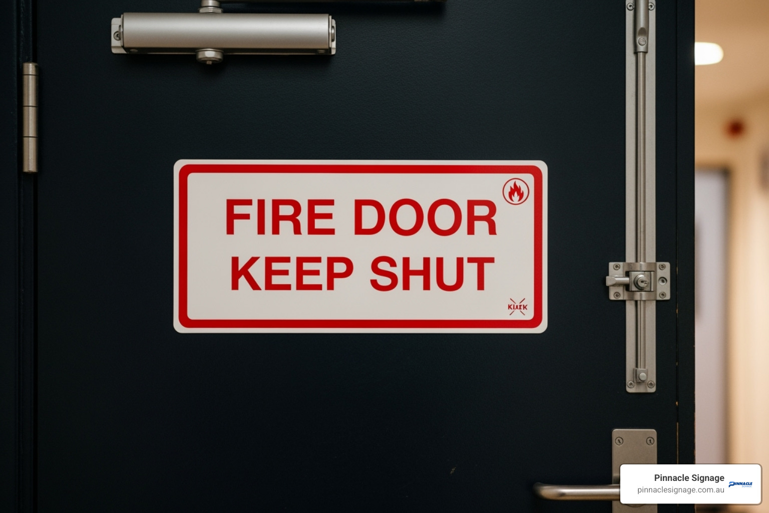 Australian worker correctly installing a fire door keep shut sign at eye level on a fire door - fire door keep shut sign