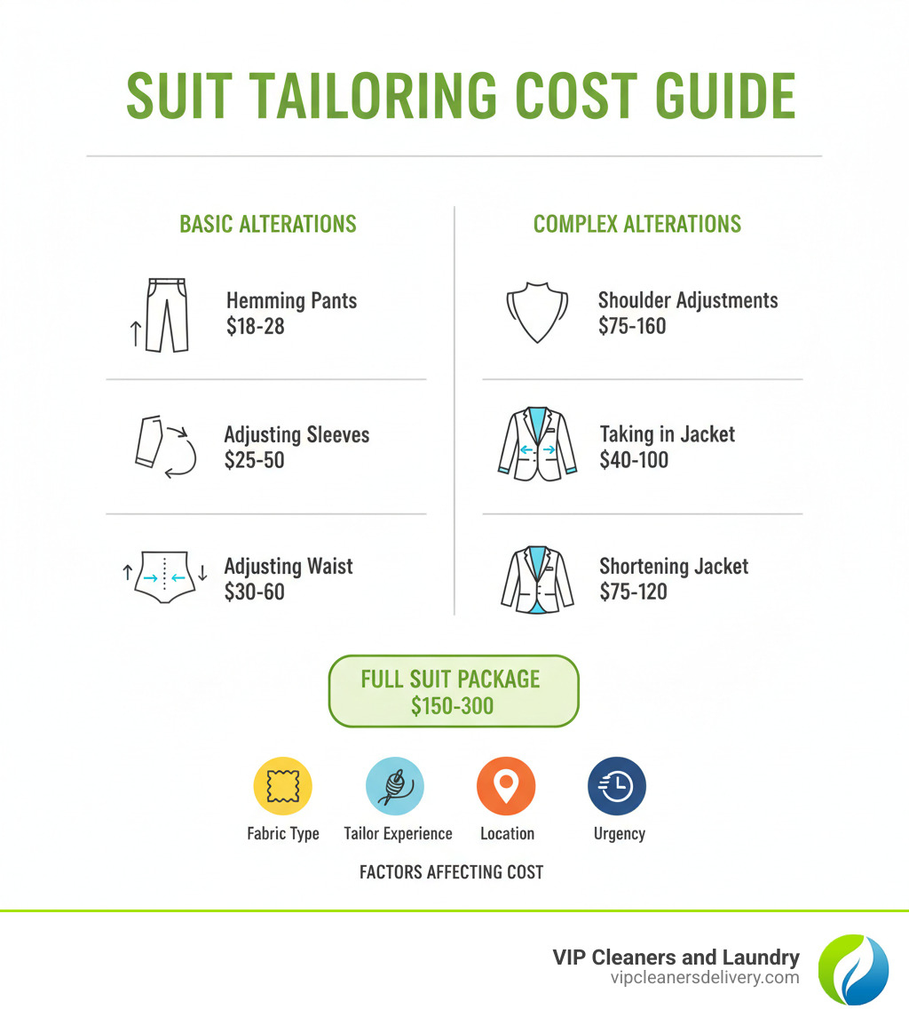 Infographic showing suit tailoring cost breakdown: Basic alterations section with hemming pants ($18-28), adjusting sleeves ($25-50), and adjusting waist ($30-60). Complex alterations section with shoulder adjustments ($75-160), taking in jacket ($40-100), and shortening jacket ($75-120). Full suit package range shown as $150-300. Icons showing factors affecting cost: fabric type, tailor experience, location, and urgency. - how much does tailoring a suit cost infographic 