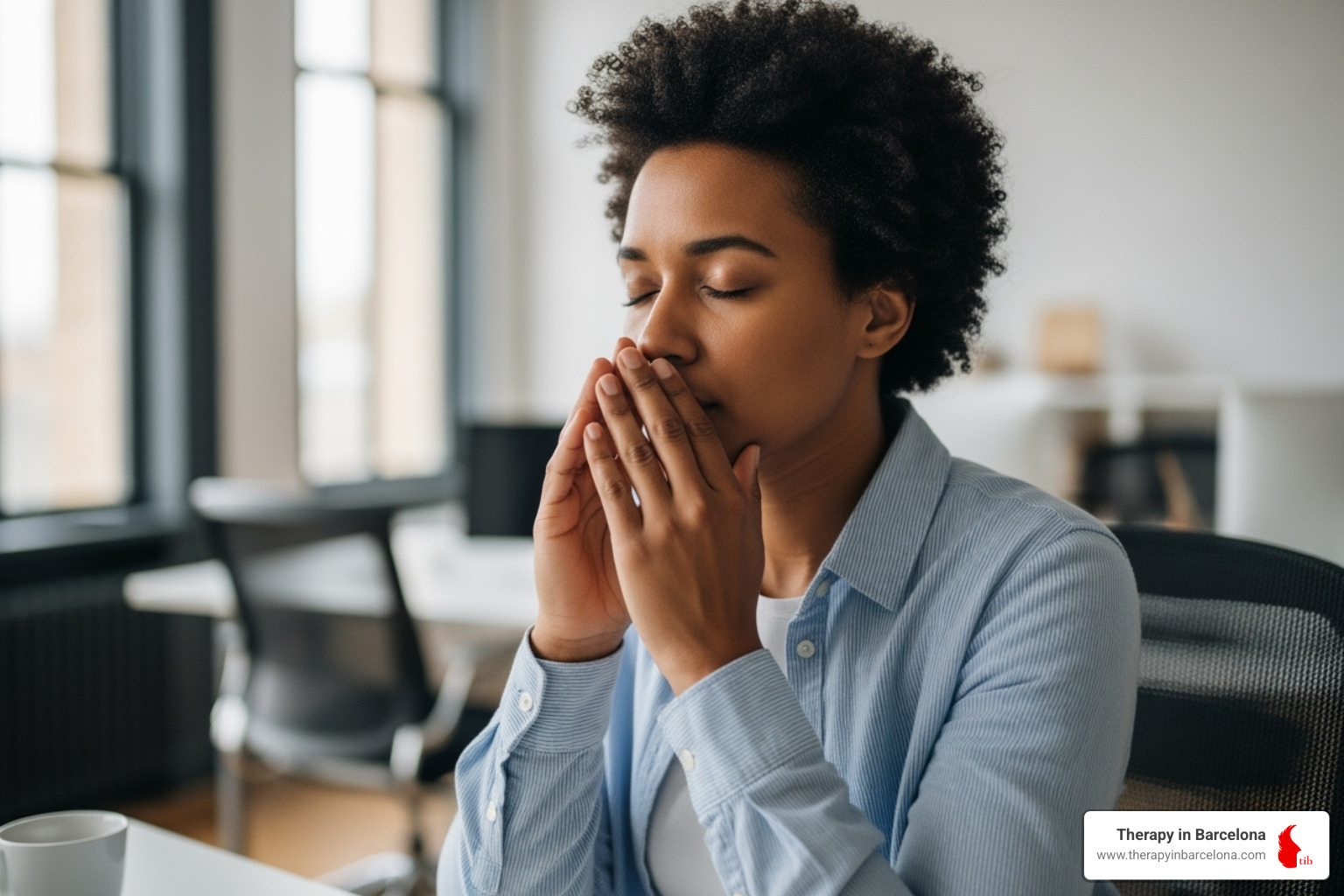 person practising a calming technique like deep breathing at their desk - CBT for work stress