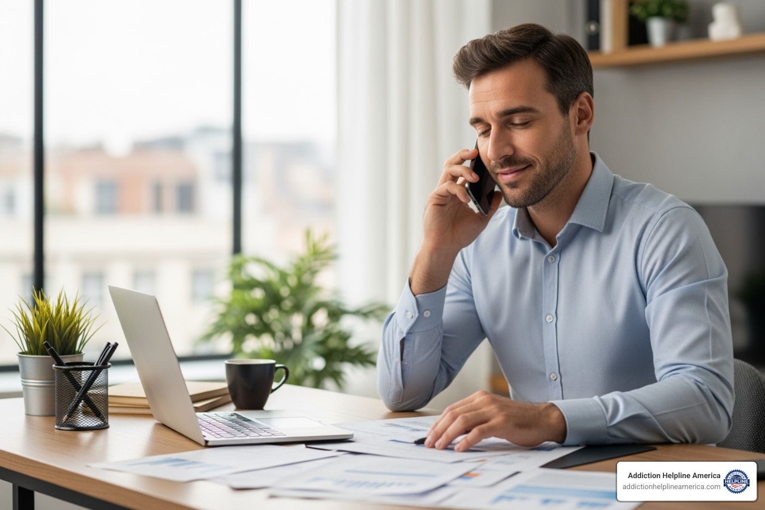 person on the phone looking relieved while reviewing documents - drug rehab centers in costa mesa