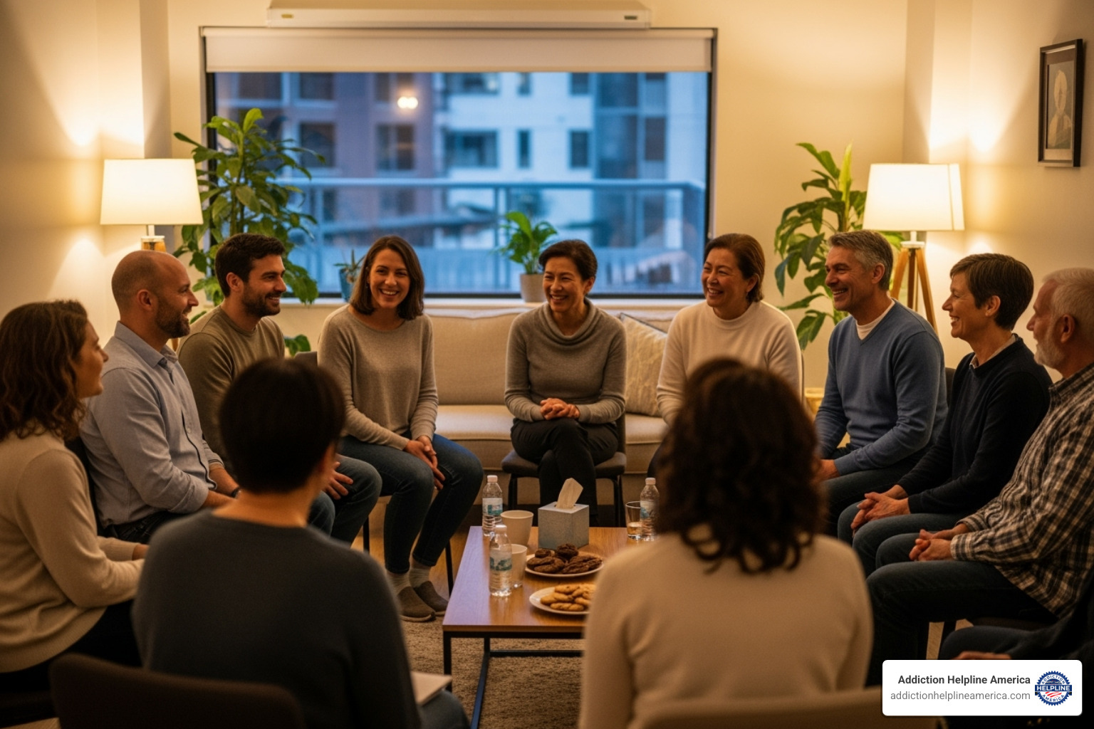 of a diverse group of people in a support group meeting, smiling - meth rehab in costa mesa