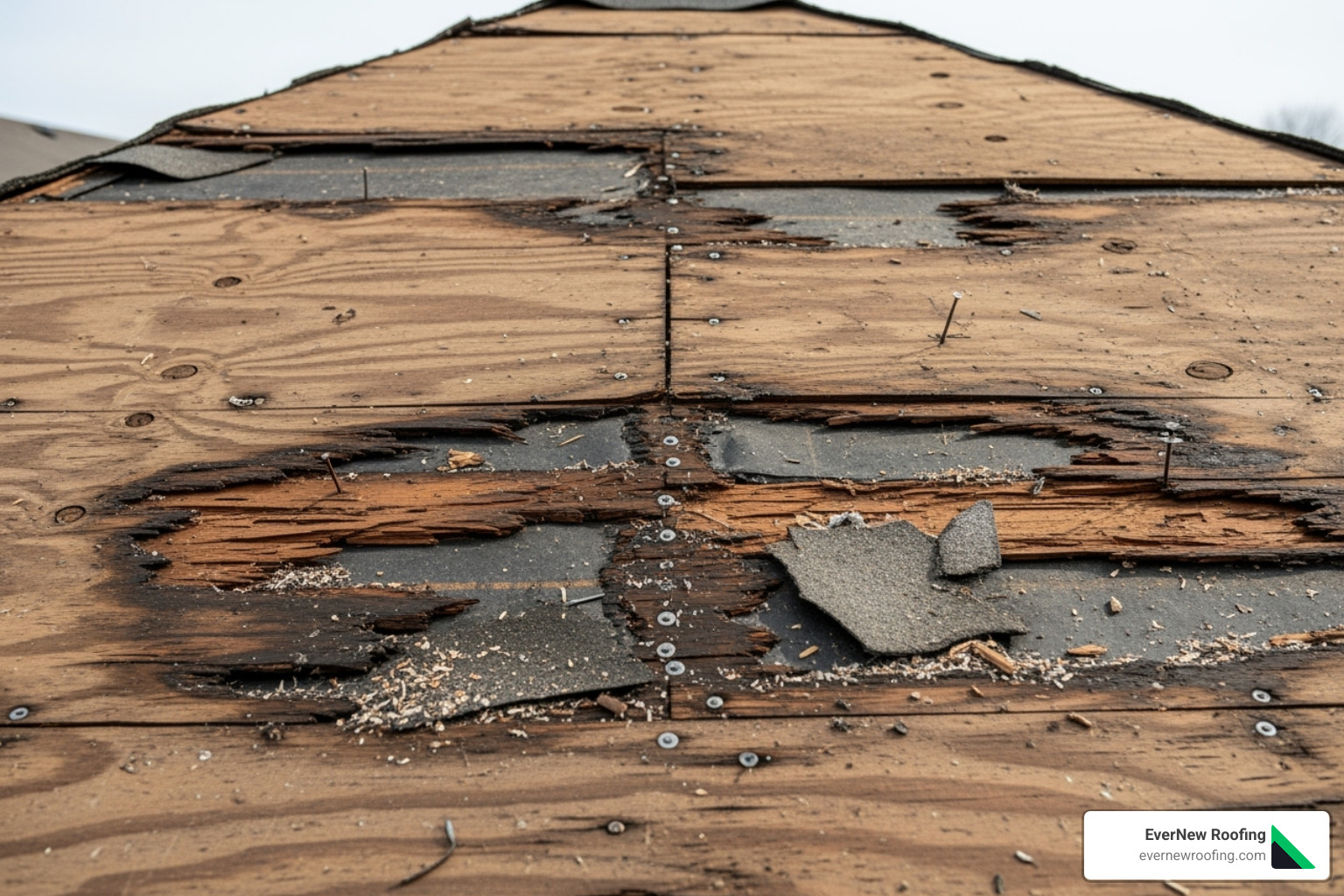 rotted plywood roof deck exposed after shingle removal - average cost to tear off and replace roof