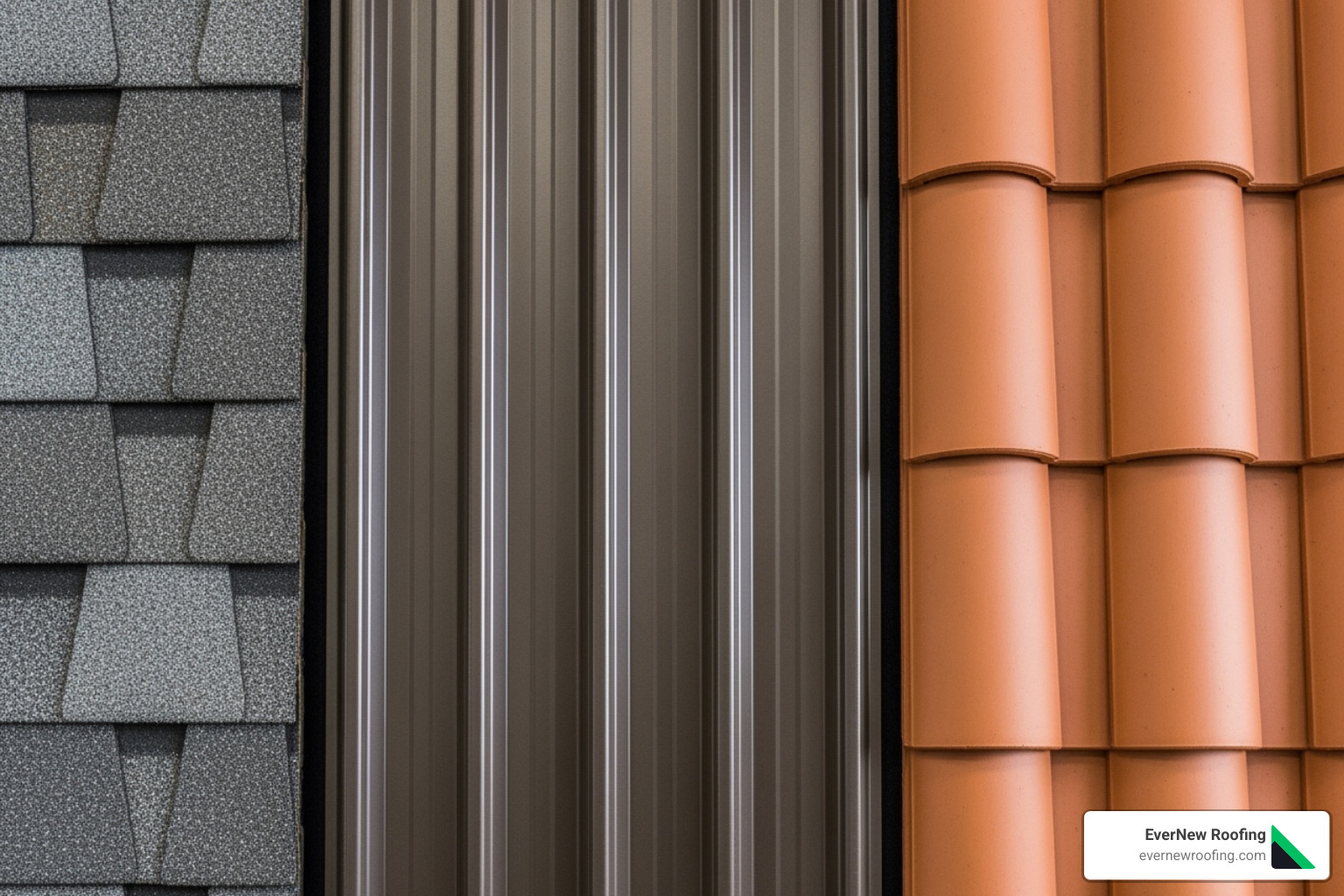 various roofing materials side-by-side: asphalt shingles, metal panels, and clay tiles - average cost to tear off and replace roof